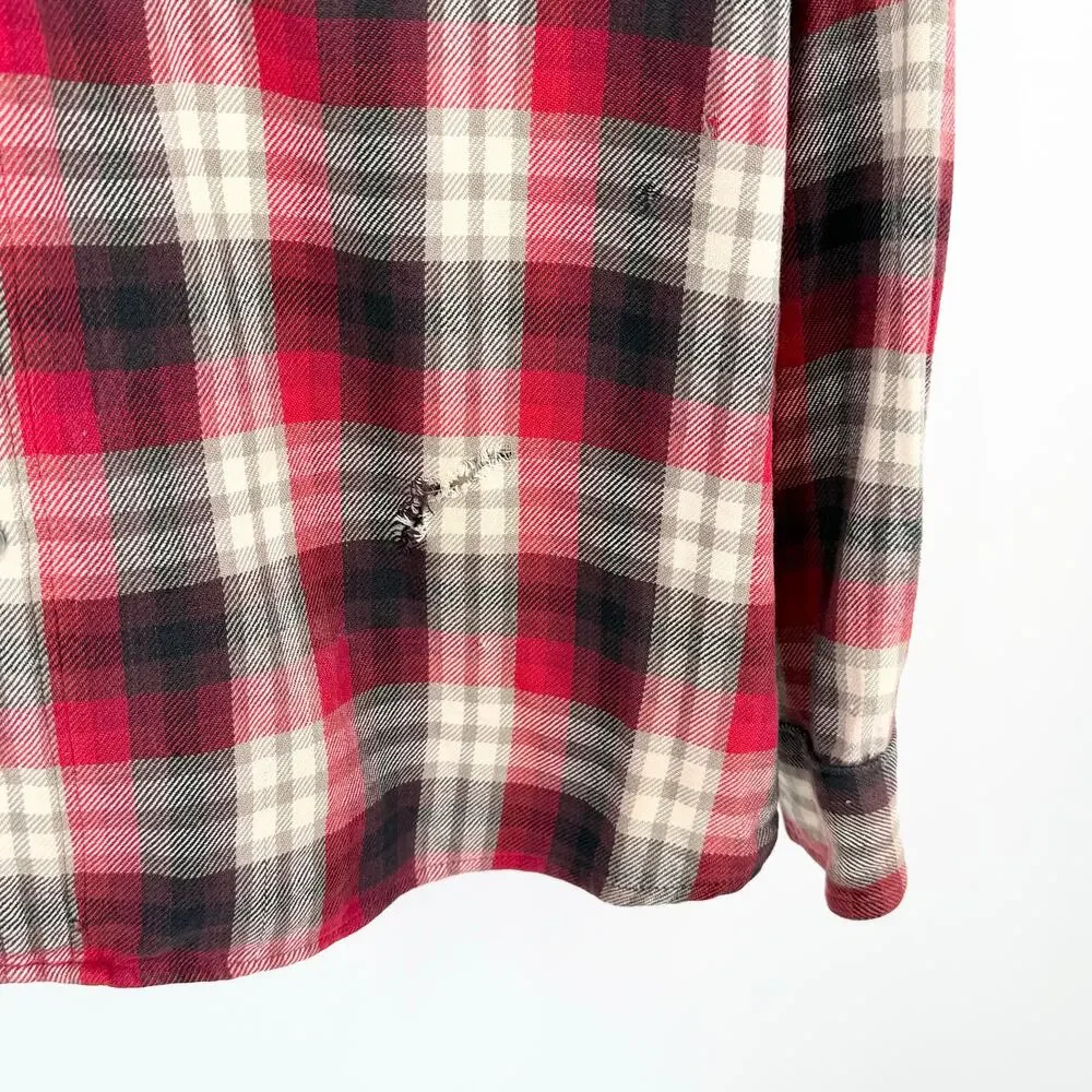 Woolrich Mens XL Flannel Shirt Red Black Plaid Heavy Cotton Elbow Patches FLAWED - Picture 9 of 15